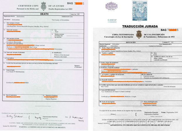Certificado de defunción - traducción jurada